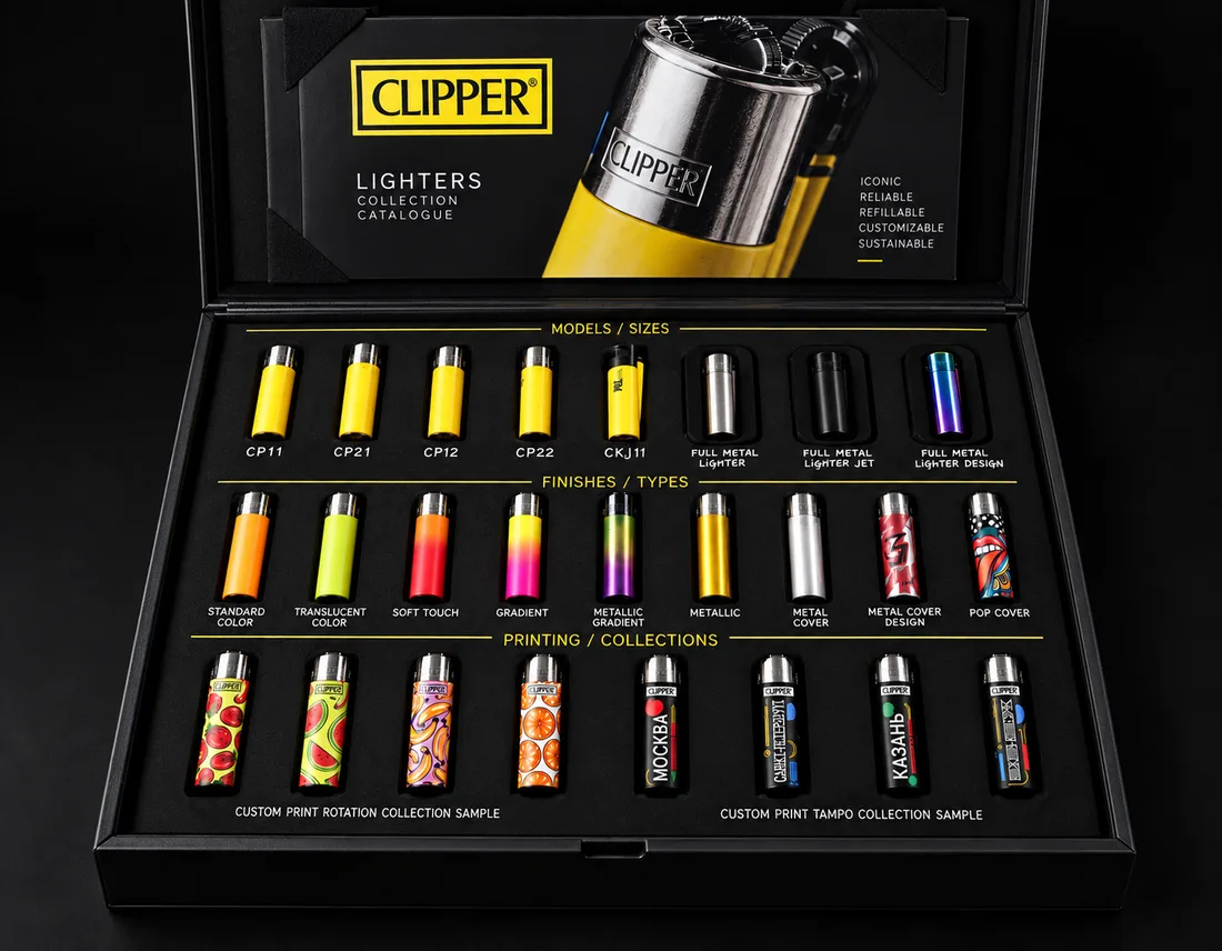 Семпл-бокс CLIPPER: модели CP11, CP21, CP12, CP22, CKJ11 и Metal, варианты отделки и образцы печати логотипа